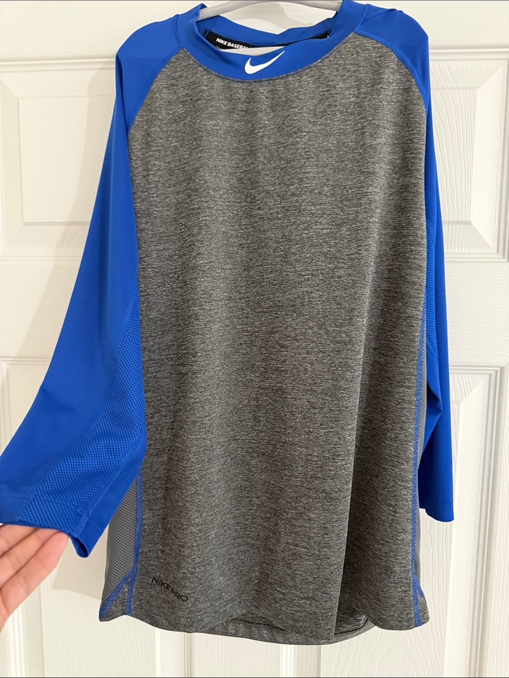 Nike Baseball Gray Heather and Royal Blue Long Sleeve Athletic Tee
